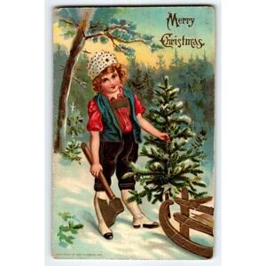 Max Feinberg Christmas Postcard Child Holds An Axe Xmas Tree Snow Gel 1912 MAB